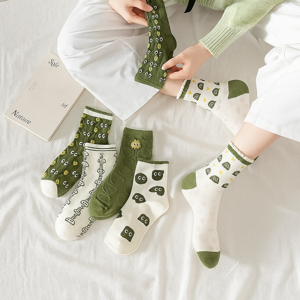 Green Cartoon Socks - 6 Pairs